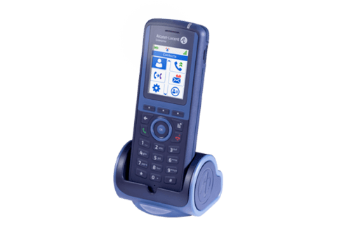 8254 DECT handset with charger and menu screen, ruggedized and santized mobile phone