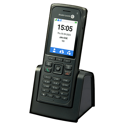 Alcatel‑Lucent cordless device in its charging dock displaying the home screen.