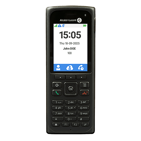 Front view of an Alcatel‑Lucent handheld mobile device displaying the time, date, and user information on its screen.