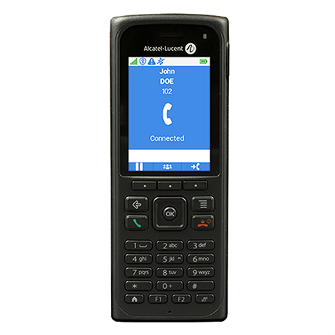 Front view of an Alcatel‑Lucent handheld device showing an active call screen with caller information and interface icons.