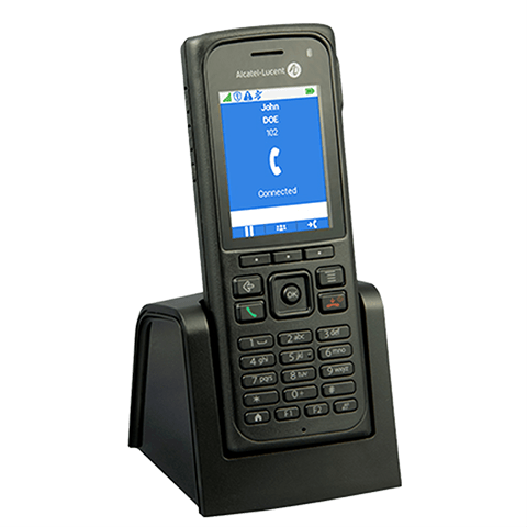 Alcatel-Lucent cordless phone on charging dock with call screen displayed.