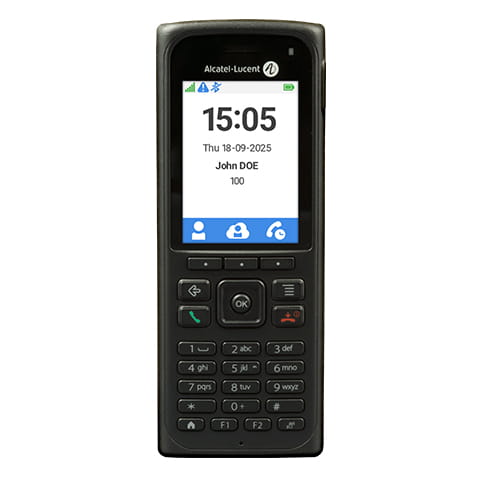 Alcatel-Lucent cordless phone displaying time and user information on screen.