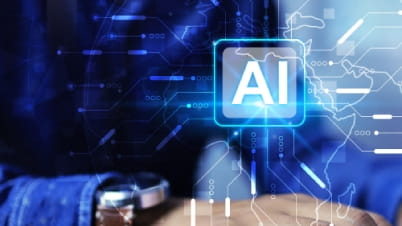 AI symbol over a digital interface above a smartwatch.