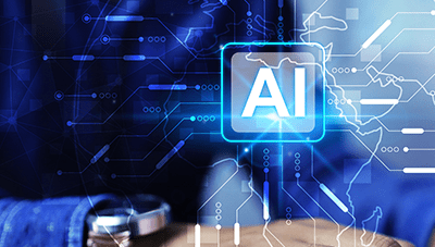 Illustration of an AI processor chip with illuminated digital circuitry.
