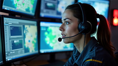 Woman looking at screens with headset and mic