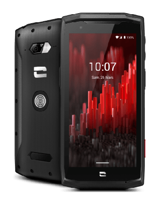 Rugged smartphone displaying a digital home screen, shown from both front and back views.