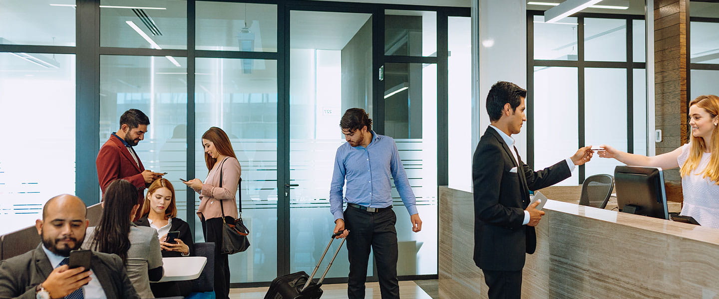 a group of people in an office