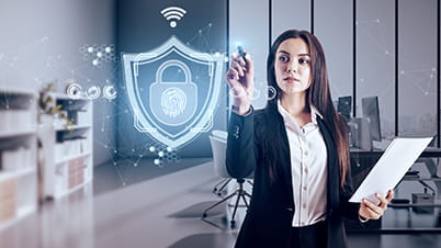 woman standing with a security sign