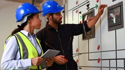 a man and a woman wearing hard hats and looking at a machine