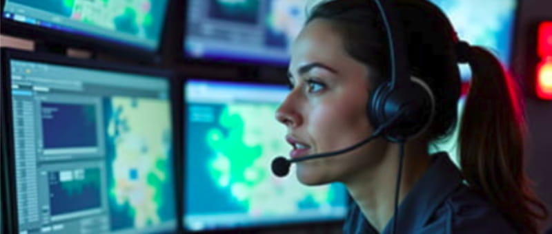 Operator wearing a headset monitoring multiple digital system screens.