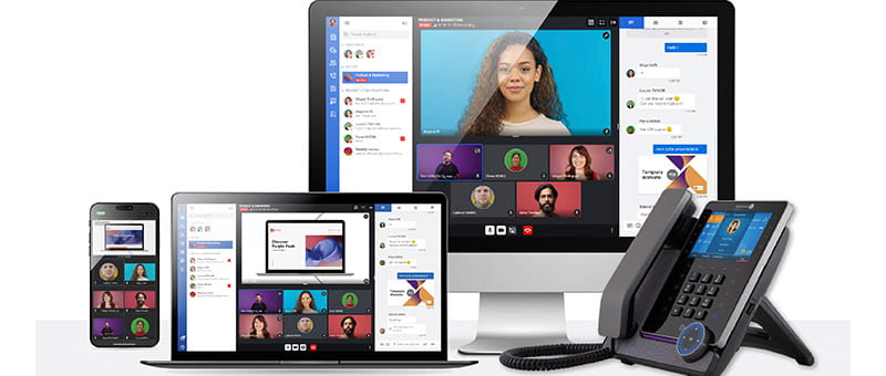 This shows a range of communication devices displaying video conferencing and collaboration software.