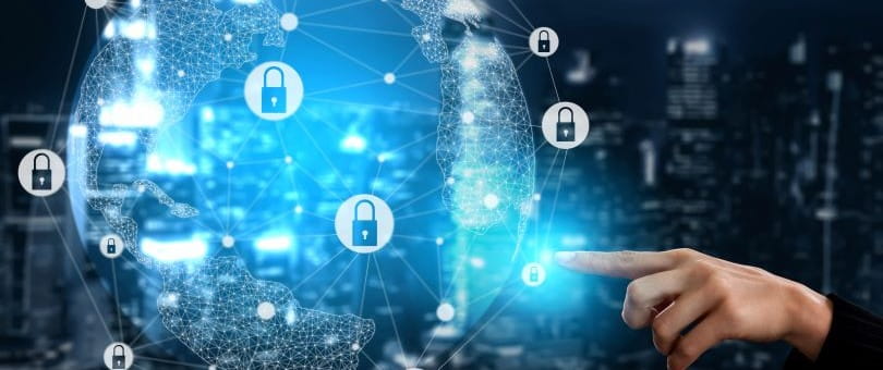 Finger pointing at globe wireframe