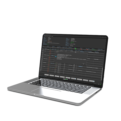 Laptop displaying a dark-themed software dashboard interface on the screen