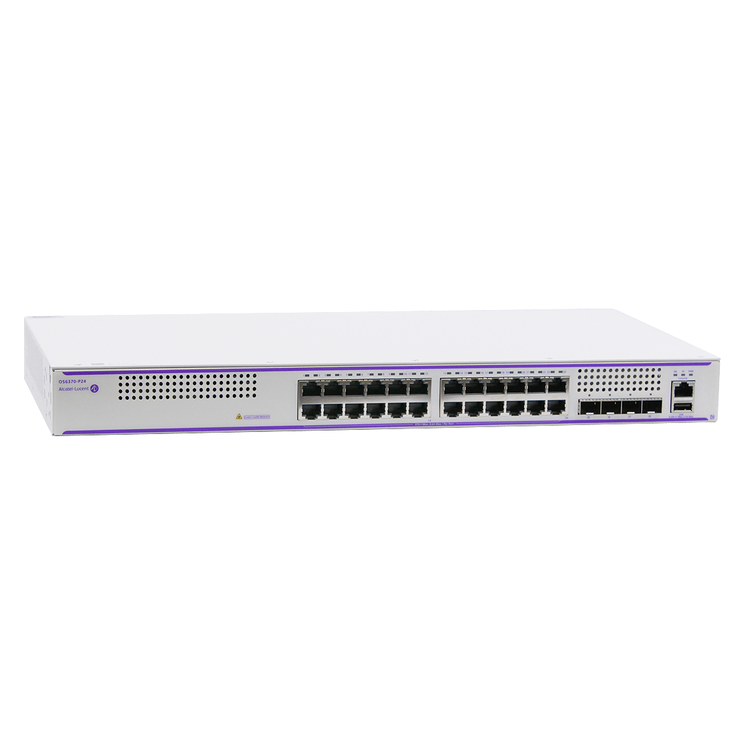 Front view of an Alcatel-Lucent Enterprise OmniSwitch 6370-P24 network switch with 24 Ethernet ports and ventilation grilles on a white background.