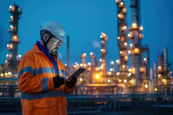 Industrial worker wearing a white safety helmet, protective eyewear, and a high-visibility orange jacket uses a tablet device at an illuminated industrial processing facility during evening hours, with refinery structures and equipment visible in the background.