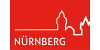 Nürnberg city logo with a white skyline outline on a red background