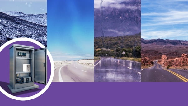 Banner showing four different weathered landscapes with roads alongside an inset of an open electrical control cabinet on a purple background.